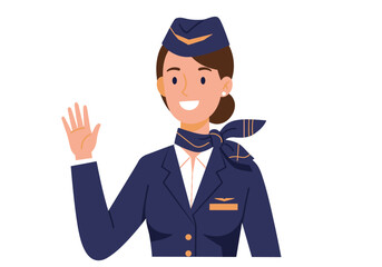 Smiling stewardess in uniform waving with dark hair