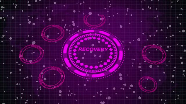 then pressing a Recovery button on a clear projection ,Business, Technology and network concept. Animated Dynamic wave of color particles. 3d animation and grid maps background. 