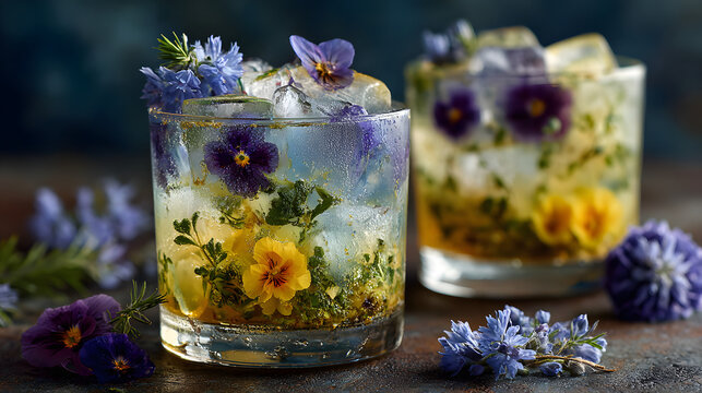 Refreshing summer cocktails with flowers ice cubes and herbs creative drinks for party and recipes ideas