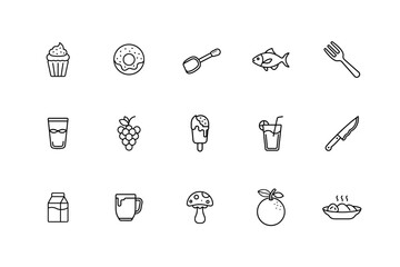 Minimalist Food and Drink Line Icons:  Cupcake, Donut, Juice, Fruit, and Utensils.