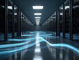 High-speed data transfer event in a modern server room dynamic light trails technology environment wide-angle view
