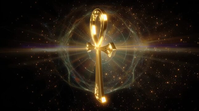 Glowing Golden Ankh in Cosmic Nebula