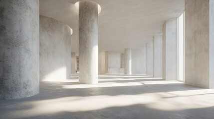 Photorealistic refined concrete interior with minimalist pillars and soft-edged sunlight shadows, open unfurnished space in Scandinavian architectural style, ideal for branding, editorial, and design 