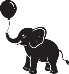 Adorable baby elephant holding a balloon silhouette design isolated on transparent background