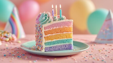Colorful rainbow cake celebration party venue food photography festive atmosphere close-up view sweet delight