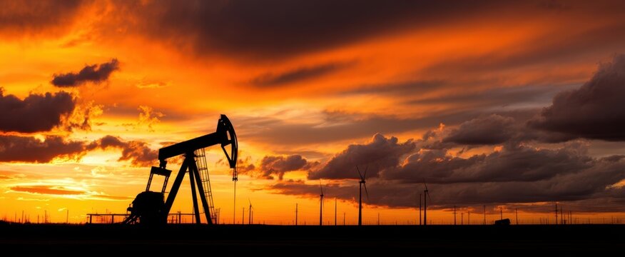 The oil pumpjack against a vibrant sunset with wind turbines in the distance.