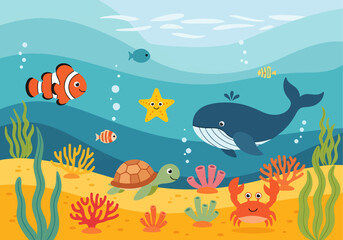 A cheerful and colorful underwater cartoon illustration features a variety of friendly sea creatures, including a whale, turtle, clownfish, crab, and starfish.