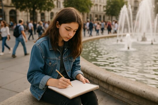 Young artist draws in a sketchbook by a fountain in a busy urban square in the afternoon - Powered by Adobe