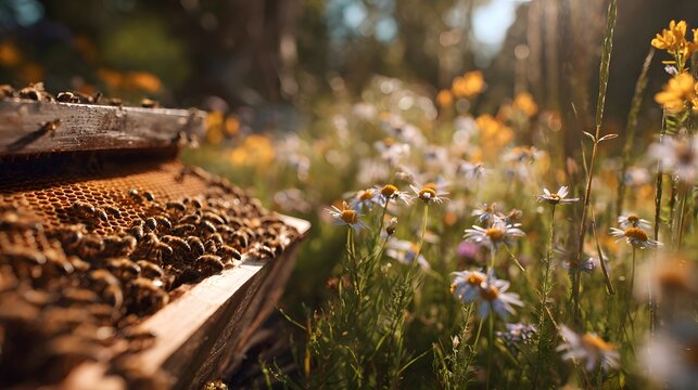 Ground level macro of beehive wild meadow honeybees visible around comb bright wildflowers the blurred background sunlit natural environment focused and highly detailed for eco or pollination themes