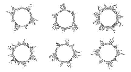 Collection of circular audio waves. Vector round music equalizer, audion circle spectrum sign. Set of isolated radial spectrum designs. Abstract radial radio and voice volume symbol