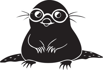 Cute mole wearing glasses sitting on soil silhouette isolated on transparent background