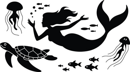 Naklejka premium Black silhouette mermaid with fish jellyfish and turtle on white background