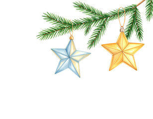 Colorful Christmas tree branches decorated with holiday ornaments and sparkling balls isolated on white background.
