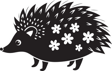 Charming tiny hedgehog with flowers on its back silhouette isolated on transparent background