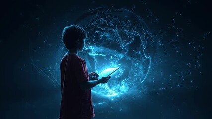 Child explores futuristic technology with digital tablet and glowing blue holographic globe showcasing global network connections and innovation - Powered by Adobe