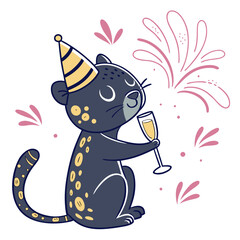 Fototapeta premium Content Leopard with with a balloon, set in a charming New Year celebration theme – Midnight Sparkle color vector art