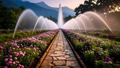 Walking Path with Fountain and Flowers in Garden at Sunset