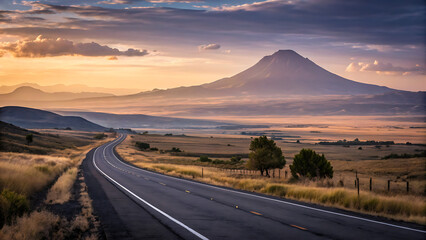 Open Road to Majestic Summit: A scenic drive unfolds as a smooth road winds towards a distant, imposing mountain under a dramatic sky, inspiring journeys.