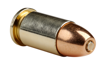 Closeup of a single bullet casing showing details of the gold brass and copper components
