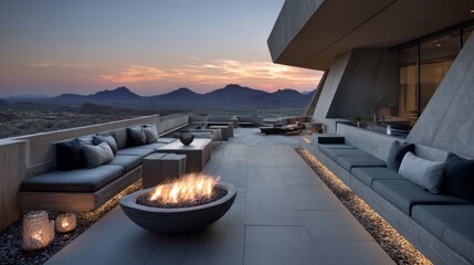 Fototapeta premium Modern outdoor patio with mountain views at sunset.
