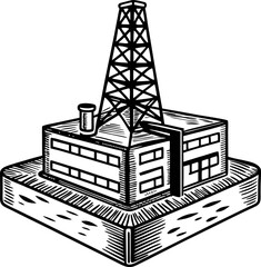 Industrial oil drilling facility factory building with tall derrick tower, extraction refinery, energy industry illustration