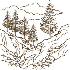 Fototapeta premium Mountain landscape line art with pine trees, rocky cliffs, clouds nature illustration for wilderness, outdoors concept