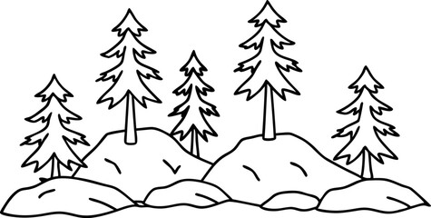 Obraz premium Simple line drawing of pine trees on rocky landscape minimalist black and white forest illustration for coloring