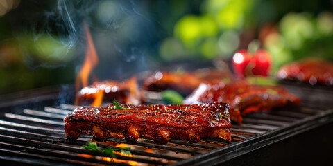 The succulent ribs grilling over a smoky barbecue with vibrant summer foliage background.
