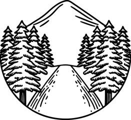 Mountain landscape with pine trees and road scenic outdoor adventure, wilderness forest nature illustration