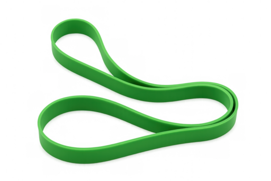 Elastic green rubber band creating geometric silhouette against transparent backdrop, highlighting minimalist office supply design