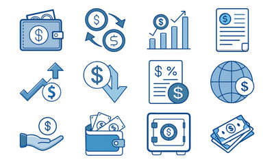 Blue Finance and Banking Icon Set Featuring Wallets, Currency Exchange, Growth Charts, Dollar Symbols, Financial Reports, and Global Economy Elements for Digital and Print Use