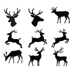 A set of nine black silhouettes featuring deer heads and full-body deer in different poses, including standing and leaping.