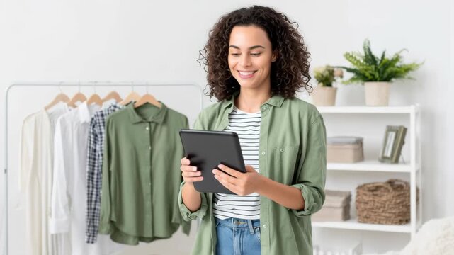 Young woman browsing ai generated fashion collection on tablet wearing casual green shirt and striped top in bright room with closet background