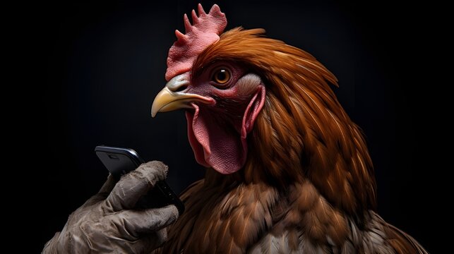 Smart rooster texting on phone with work gloves, farm chores, technology humor, and vibrant fowl