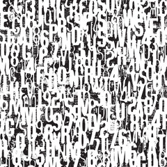 Abstract seamless pattern consisting of font. Vector background with capital English Latin letters and handwritten text. Wallpaper, wrapping paper, ceramic tile, t-shirt design, fabric, textile. No ai