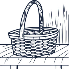 Fototapeta premium Woven picnic basket sketch hand drawn wicker container with handle on textured wooden table, rustic vintage