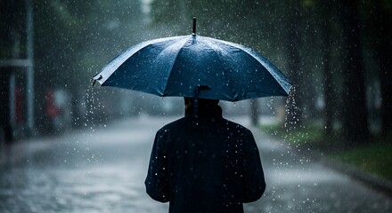 A man holds a dark umbrella, walking alone in heavy rain.