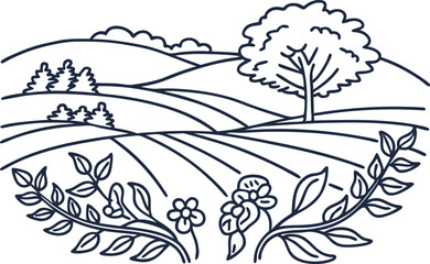 Fototapeta premium Rolling countryside landscape with hills, fields, trees and wildflowers nature scenery, rural farming concept