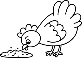 Fototapeta premium Chicken pecking grains illustration farm animal eating feed, simple black and white outline for coloring book page