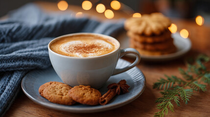 Warm coffee and cookies create a cozy atmosphere on a winter afternoon in a rustic setting