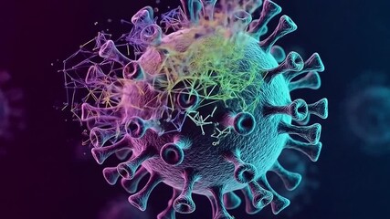 A stylized illustration of a virus with spike proteins rendered in glowing neon pink purple and blue - Powered by Adobe