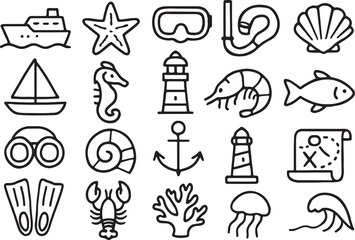 Nautical maritime ocean sea life adventure icons boat starfish