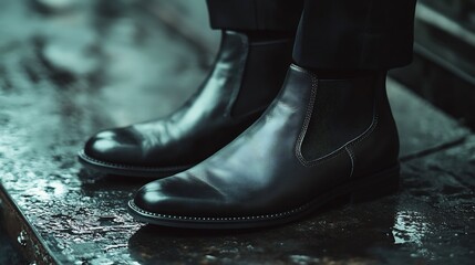 Chelsea boots an industrial metal surface with moody shadows no human no labelling no logo