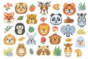Obraz premium Set of Cute Safari Animal doodle set, vector hand drawn scribble, cute cartoon elephant, lion. Baby nature sticker, colorful pencil illustration, tiger, capybara. Isolated on white background.