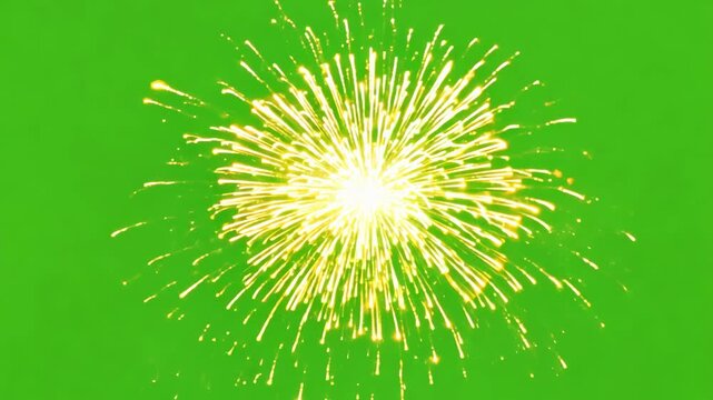 Vibrant explosion of golden fireworks on green chromakey background  