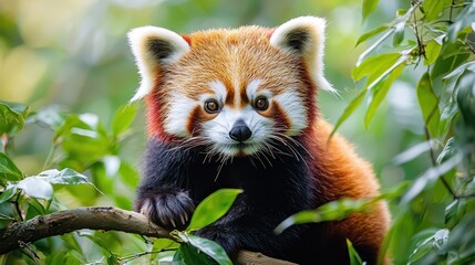 Obraz premium Adorable red panda cub perched on a tree branch surrounded by lush green foliage in a natural habitat with soft lighting and vibrant colors