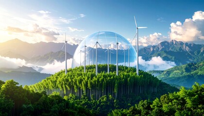 Wind Turbines and Forest Under Dome in Mountain Landscape