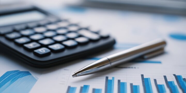 The calculator and pen resting on financial analysis documents with charts.