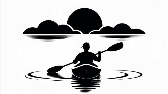 Black and white silhouette of a kayaker paddling on calm water