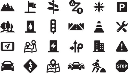Fototapeta premium Solid Black Directional Icons – Arrow, Signage, Transport Symbols, Bold Graphic Set, Navigation UI, Transparent Background